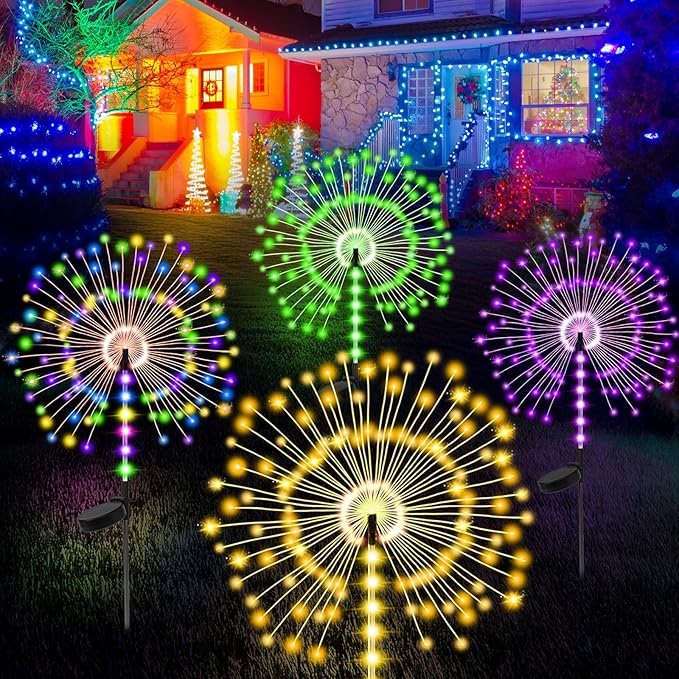 4 Pack 500LED Solar Garden Lights Outdoor, Dual Lighting Modes Firework Lights Solar Powered, Waterproof Twinkle Fairy Light Outside for Yard Christmas Party Decorative（Green Purple White Colorful )