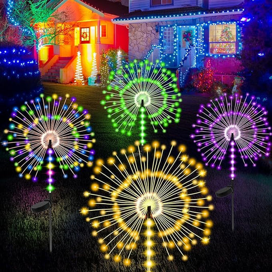 4 Pack 500LED Solar Garden Lights Outdoor, Dual Lighting Modes Firework Lights Solar Powered, Waterproof Twinkle Fairy Light Outside for Yard Christmas Party Decorative（Green Purple White Colorful )