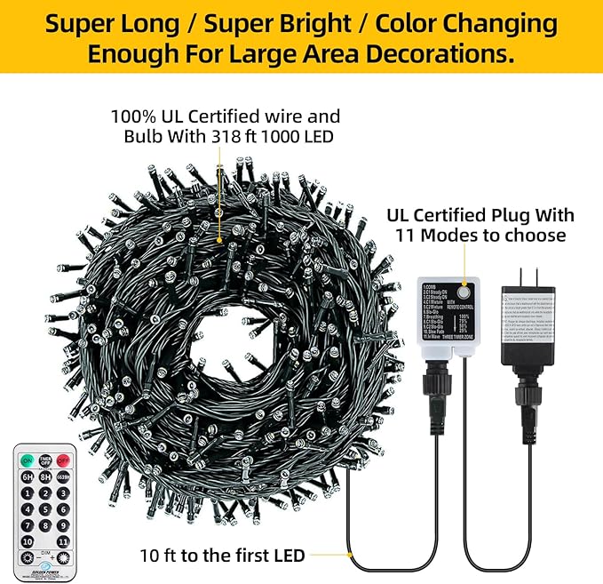 1000 LED 328ft 11 Modes with Timer Remote Christmas String Lights IP55 Outdoor Waterproof UL Certificated Indoor | Lumora