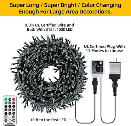 1000 LED 328ft 11 Modes with Timer Remote Christmas String Lights IP55 Outdoor Waterproof UL Certificated Indoor Fairy Lights Garden Patio Christma Trees Parties Wedding Decoration Two-Color