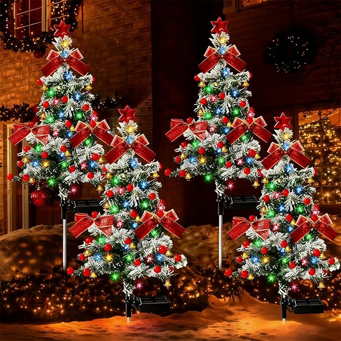 Solar Christmas Tree Lights Holiday Decorations, 29.5" Christmas Lights Outdoor Waterproof with 20 LED, Pathway Christmas Lights for Courtyards, Gardens, Lawns, Small Path Lights (Style-E, 4 Item)
