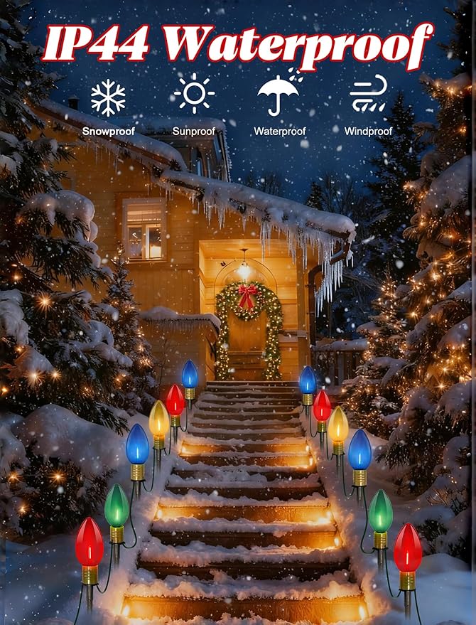 C9 LED Christmas Pathway Lights 7Ft Multicolor Pathway Christmas Lights Walkway Light Outdoor with 4 Colorful Clear Bulbs, Connectable Holiday Commercial Xmas Decoration- Green Wire