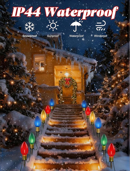 C9 LED Christmas Pathway Lights 7Ft Multicolor Pathway Christmas Lights Walkway Light Outdoor with 4 Colorful Clear Bulbs, Connectable Holiday Commercial Xmas Decoration- Green Wire