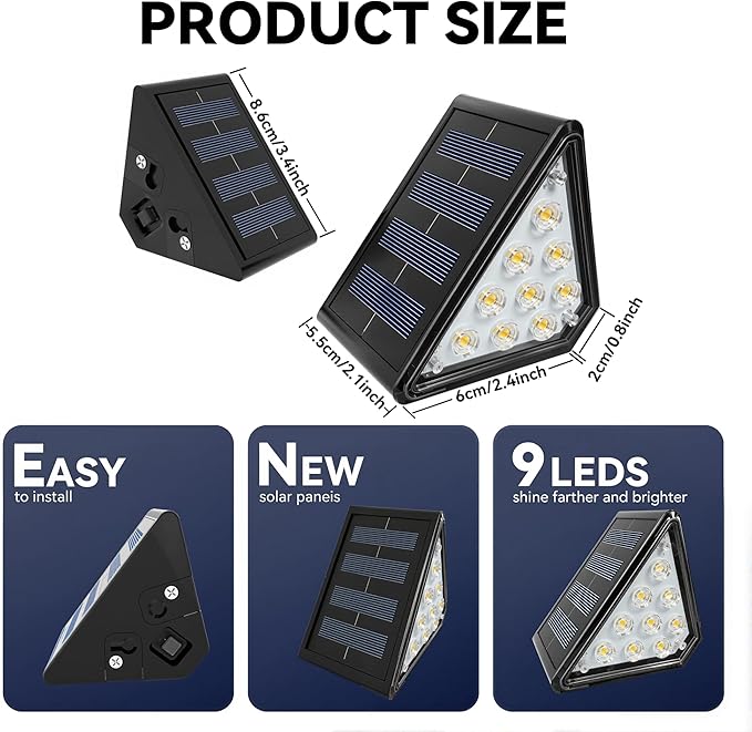 LED Solar Step Lights Outdoor, IP67 Waterproof, Auto On/Off, Solar Decoration Lights Perfect Fit for Stair Corners - Decor & Safety Lighting for Deck, Yard, Patio, Porch (8 Pack)