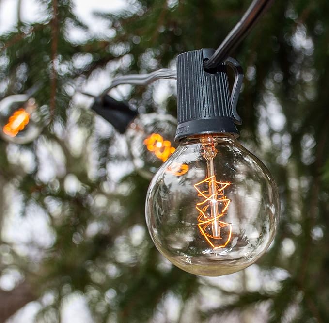 Hometown Evolution, Inc. Edison Bulb Outdoor String Lights with Hand-Threaded Filament (G50 Spiral Edison - Black Wire, 25 ft)