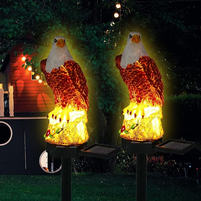 SmilingTown Solar Garden Lights Resin Warm White LED Figure Waterproof Decorations with Stake for Outdoor Yard Pathway Outside Patio Lawn Decor 2 Pack (Eagle)