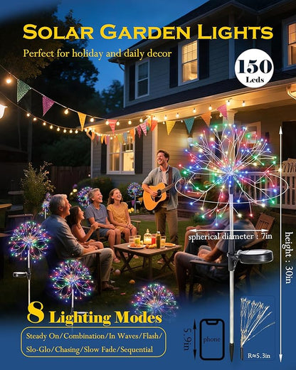 Solar Garden Lights Outdoor Yard Decorations, 4 Pack 150Leds Pathway Light, Fairy Firework Stake Lights for Garden, Patio, Pathway, Flowerbed Multicolor