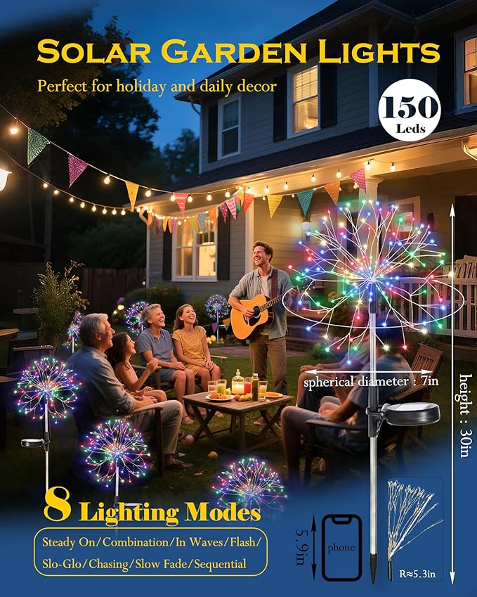Solar Garden Lights Outdoor Yard Decorations, 2 Pack 150Leds Pathway Lights Stake, Fairy Firework Light for Garden, Patio, Pathway, Flowerbed Multicolor