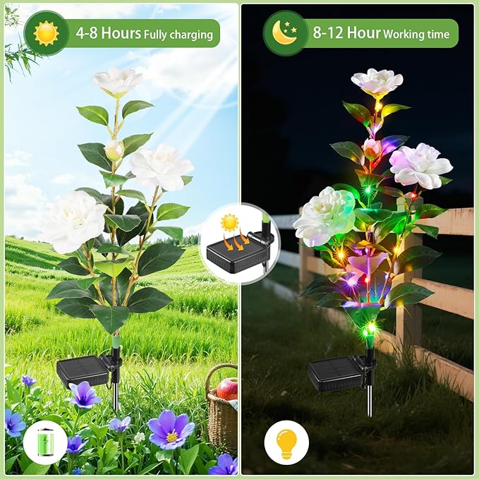 Solar Flower Lights, Multi-Color Changing Gardenia Lights, Solar Flowers Outdoor Waterproof, Solar Powered Garden Decor for Patio Yard Pathway Decoration(2 Pack)