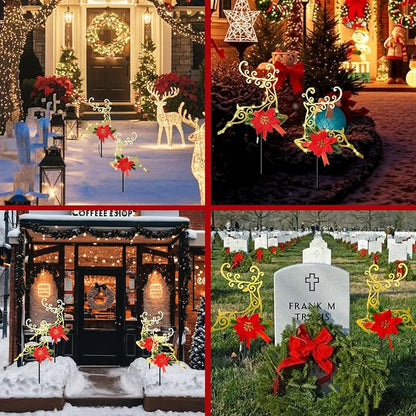 2-Pack Christmas Solar Pathway Lights Outdoor Waterproof, Xmas Metal Reindeer Garden Stake Lights with Poinsettia Decorations for Yard Lawn Walkway Porch Holiday Decor