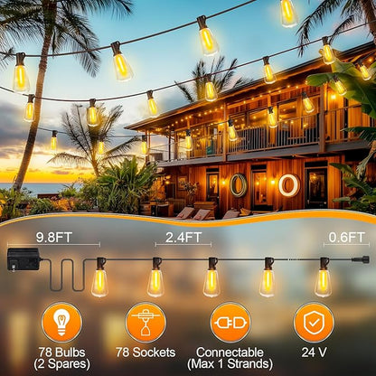 Outdoor String Led Patio Lights - 200Ft 60M Outside Waterproof Light With Remote Dimmable ST38 Shatterproof Bulb Connectable Hanging Outdoor Electric Lighting For Backyard Yard Gazebo Porch Party