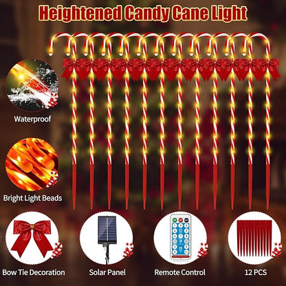 40in Christmas Solar Candy Cane Pathway Lights, 12Pcs 120 LED Solar Outdoor Christmas Decorations with Red Bow Waterproof, 8 Modes Timer Remote Walkway Garden Light for Xmas Yard Lawn Patio Decor
