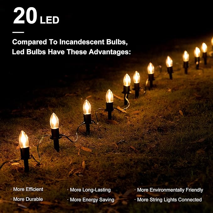C9 Christmas Pathway Lights Outdoor LED - 24.2 Feet String Lights with 20 Bulbs, Waterproof Christmas Path Lights with Stake for Yard, Garden, Lawn, Walkway, Driveway, Sidewalk, Warm White