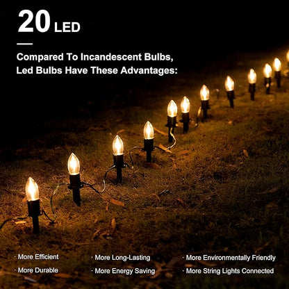 C9 Christmas Pathway Lights Outdoor LED - 24.2 Feet String Lights with 20 Bulbs, Waterproof Christmas Path Lights with Stake for Yard, Garden, Lawn, Walkway, Driveway, Sidewalk, Warm White