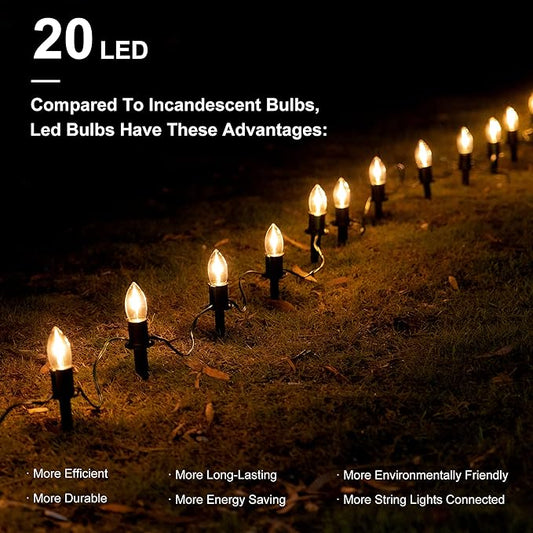 C9 Christmas Pathway Lights Outdoor LED - 24.2 Feet String Lights with 20 Bulbs, Waterproof Christmas Path Lights with Stake for Yard, Garden, Lawn, Walkway, Driveway, Sidewalk, Warm White
