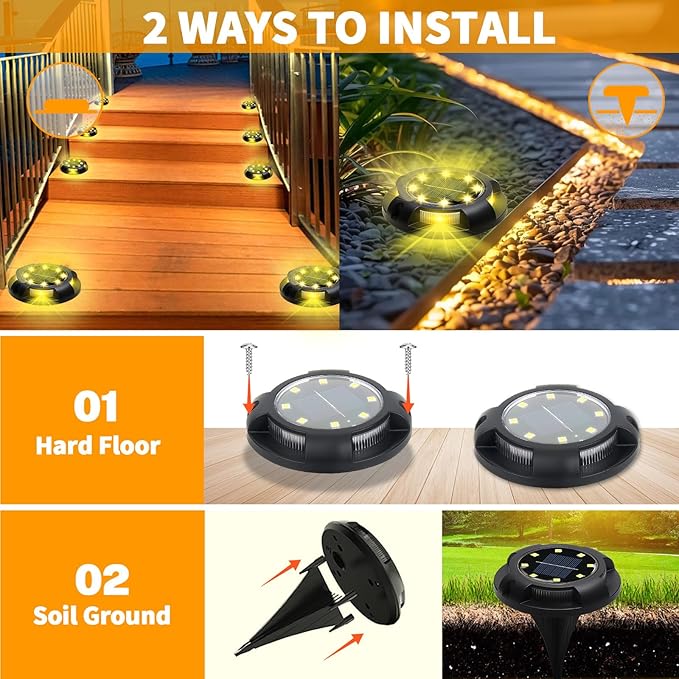 Solar Ground Lights, 8 Pack 12 LED Solar Disk Lights Outdoor Waterproof In-Ground Landscape Lighting for Garden | Lumora