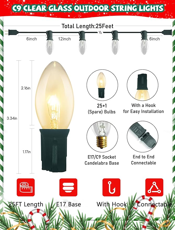 25Ft C9 Clear Valentine's Day Lights Outdoor, Vintage String Lights with 26 C9 Warm White Bulbs, Hanging Incandescent Christmas Decorations Lights for Patio Roofline Christmas Tree Garden Pathway