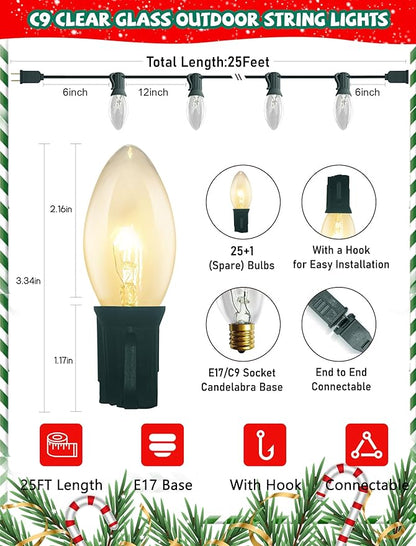 25Ft C9 Clear Valentine's Day Lights Outdoor, Vintage String Lights with 26 C9 Warm White Bulbs, Hanging Incandescent Christmas Decorations Lights for Patio Roofline Christmas Tree Garden Pathway