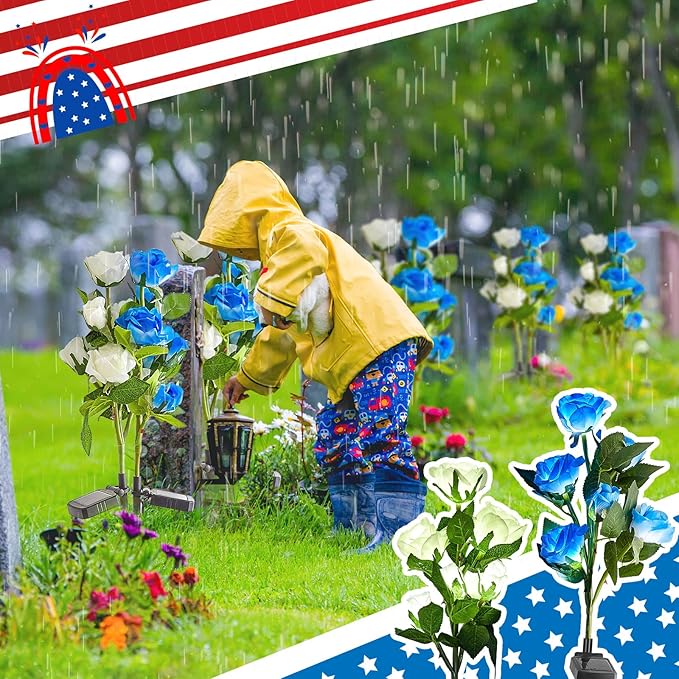 Woanger 4 Pcs Solar Flowers Cemetery Grave Decorations Outdoor LED Flower Lights with 6 Rose Powered Garden Stake Lights Waterproof for Independence Day 250 Anniversary USA Decorations(Blue, White)