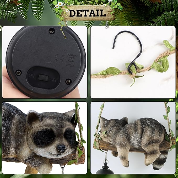 Solar Lighted Garden Outdoor Statue, 20.1" H Hanging Swing Lying with A Sleeping Raccoon and A LED Lantern, Resin | Lumora