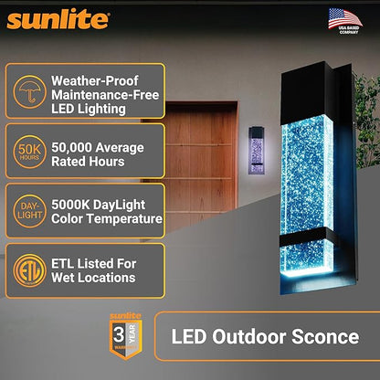 Sunlite LED Wall Sconce, Black Metal Frame with Raindrop Effect Glass Panel, 4.75" Wide, 5000K Daylight, Indoor & Outdoor, ADA Compliant