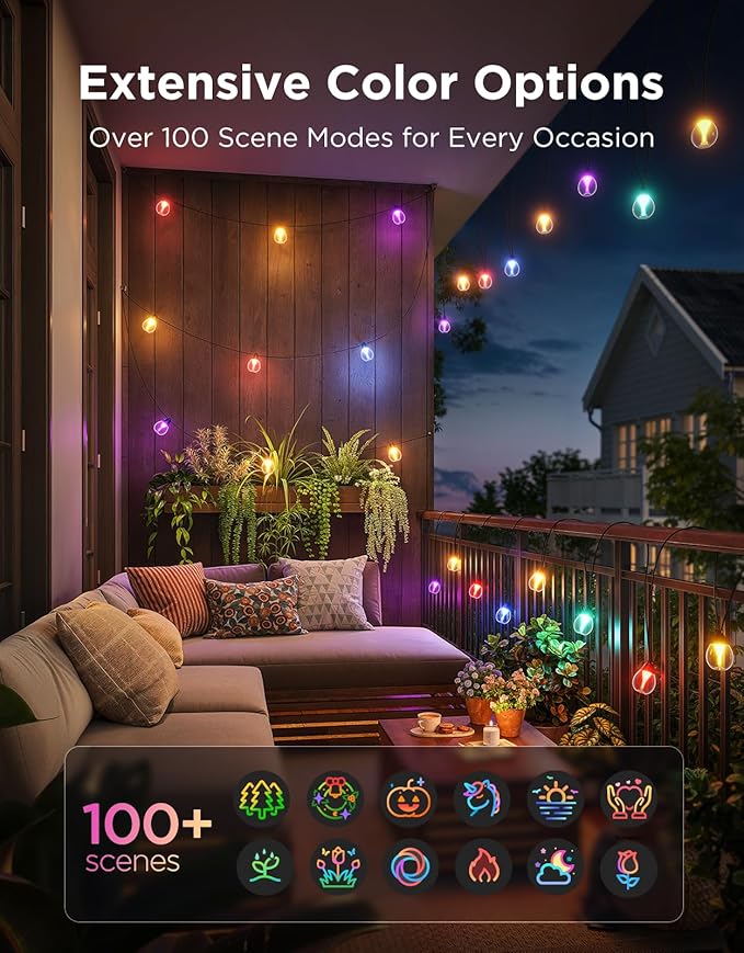 Govee Outdoor Clear Bulb String Lights 144ft, RGBWIC Smart Outdoor Lights with 45 Dimmable LED Bulbs, 111 Scene Modes, IP67 Waterproof Shatterproof, Works with Alexa, Google & Matter for Patio