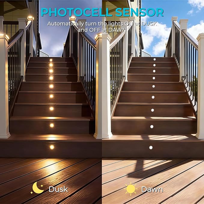 Recessed Deck Stair Lighting with Timer Photocell Sensor Transformer, Dimmable, Low Voltage LED Step Riser Lights | Lumora