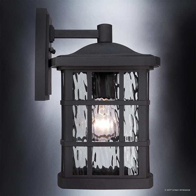 Urban Ambiance Luxury Craftsman Outdoor Wall Light, Small Size: 13" H x 8" W, with Tudor Style Elements, Highly-Detailed Design, High-End Black Silk Finish and Water Glass, UQL1232