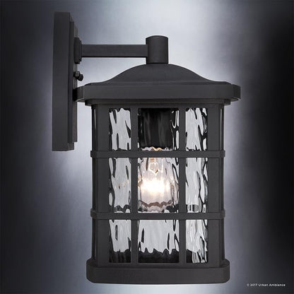 Urban Ambiance Luxury Craftsman Outdoor Wall Light, Small Size: 13" H x 8" W, with Tudor Style Elements, Highly-Detailed Design, High-End Black Silk Finish and Water Glass, UQL1232