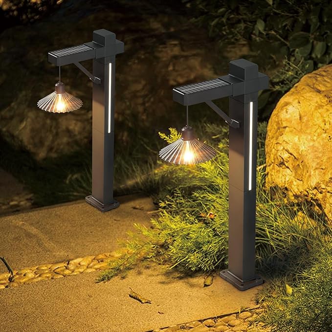 Outdoor Solar Pathway Lights 2 Pack,COB E26+Side LED Glow Auto On/Off Waterproof IPX4,Stake or Surface Mount for Patio Driveway Yard Garden Path