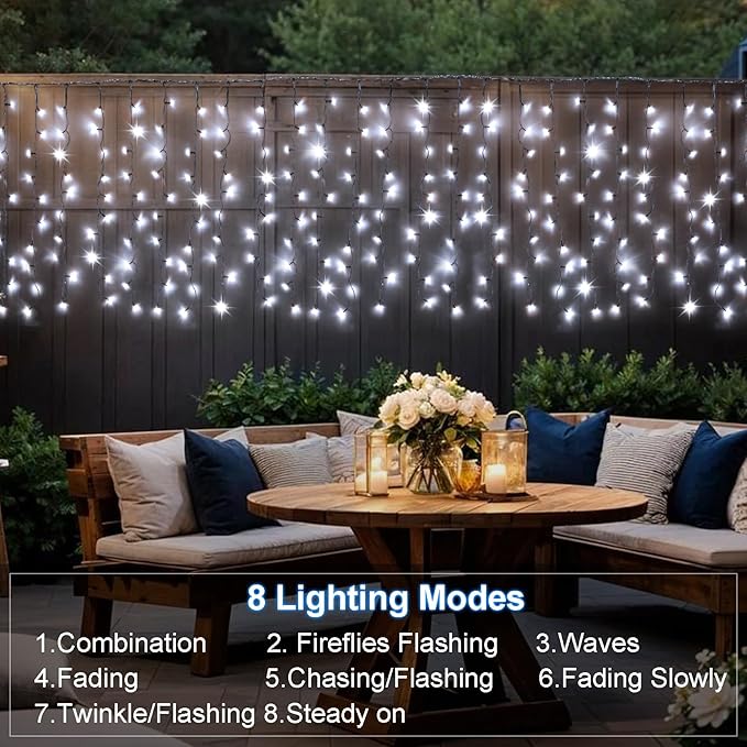 DBFAIRY Solar Curtain Lights,13ft x 3.3ft 200 LED Outdoor Solar Curtain Lights Waterproof Green Wire with 8 Mode for Garden Handrail Railing Eaves Wall Decoration -Cool White