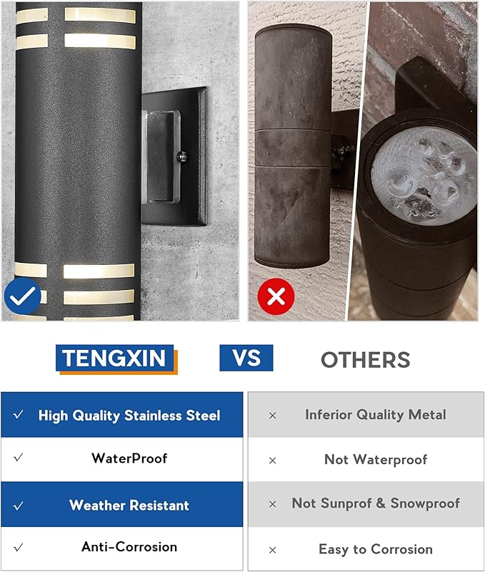 TENGXIN Outdoor Exterior Wall Light,Up and Down Cylinder Modern Porch Light,Stainless Steel 304 and Toughened | Lumora
