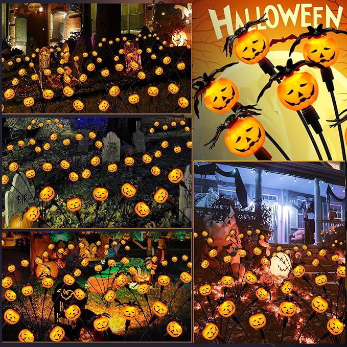 Halloween Decorations Outdoor 4 Pack Solar Lights, 24 LED Scary Pumpkin Swaying Firefly Lights with Spider & Bats for Outside Garden Yard Lawn Grave Cemetery Ghost Decor Party, Orange