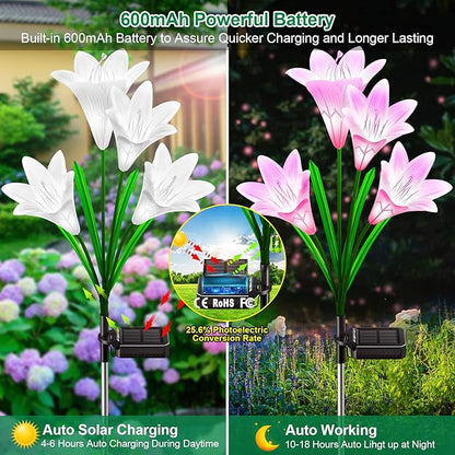 KuBace Solar Outdoor Lights Garden Decor, 6 Pack Upgraded Solar LED Flower Lights with 24 Bigger Lily Flower Lamp, 7 Color Changing Waterproof Solar Powered Flowers for Garden Yard Decor, Gift
