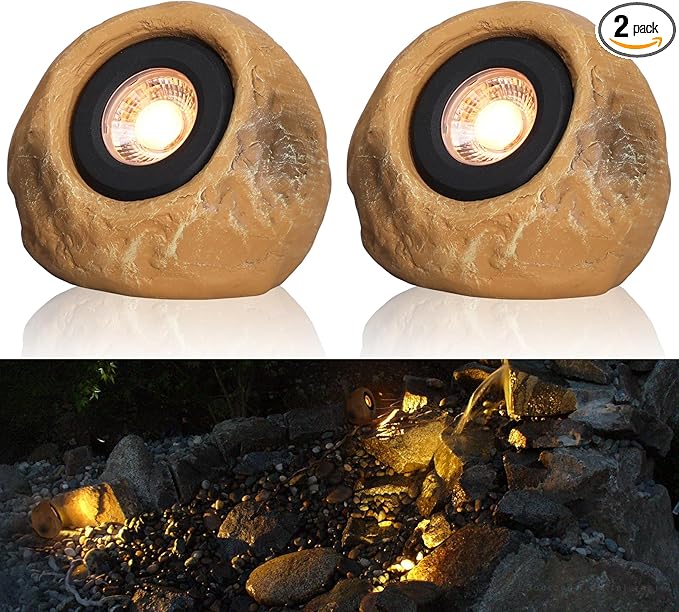 LEONLITE 5CCT LED Rock Lights Outdoor, 5W Low Voltage Landscape Spot Light for Garden, Yard, Decorative Stone Light, 12-24V AC/DC, CRI90, 200lm, IP65 Waterproof, Round, Yellow, Pack of 2