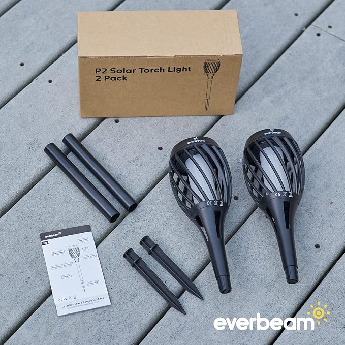 Everbeam P2 Solar Flickering Flame Torch Light - Automatic IP65 Waterproof Solar Tiki Lights with A Stunning Realistic Flame & Distinctive Lampshade - Quick No Tool Installation - 1 Pack