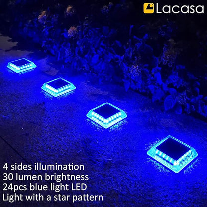 Lacasa Solar Deck Lights, 4 Pack 30LM LED Dock Lights Blue Light, Outdoor Solar Powered Step Lights Light up All Night IP68 Waterproof Auto ON/Off for Garden Stairs Driveway Pathway Lighting