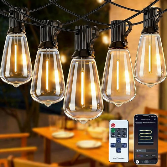 Smart Outdoor String Lights, 200FT ST38 LED Patio Lights with Timer Remote APP Control, 84 Shatterproof LED Bulbs (4 Spare), Dimmable Waterproof Hanging Light for Backyard Porch Party Decor