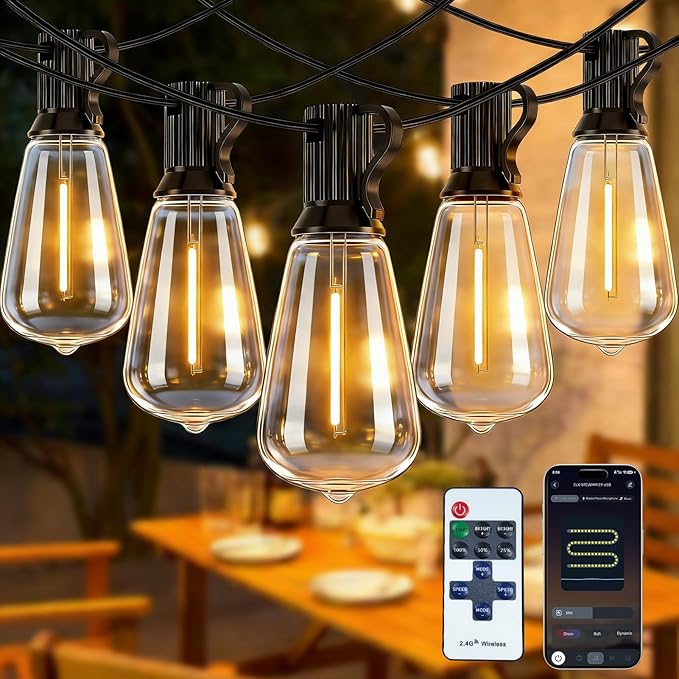 Smart Outdoor String Lights, 100FT ST38 LED Patio Lights with Timer Remote APP Control, 42 Shatterproof LED Bulbs (2 Spare), Dimmable Waterproof Hanging Light for Backyard Porch Party Decor