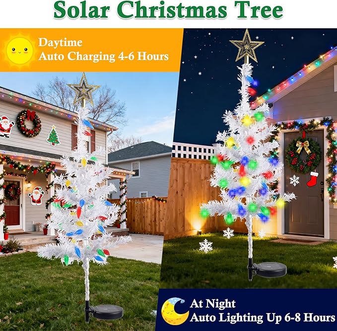2 Pack 39'' Solar Christmas Tree Lights Outdoor - Large White Solar Christmas Tree with 100 LED Multi-Color C6 String Lights for Outside Decorations, Xmas Trees Decor for Yard Pathway Cemetery