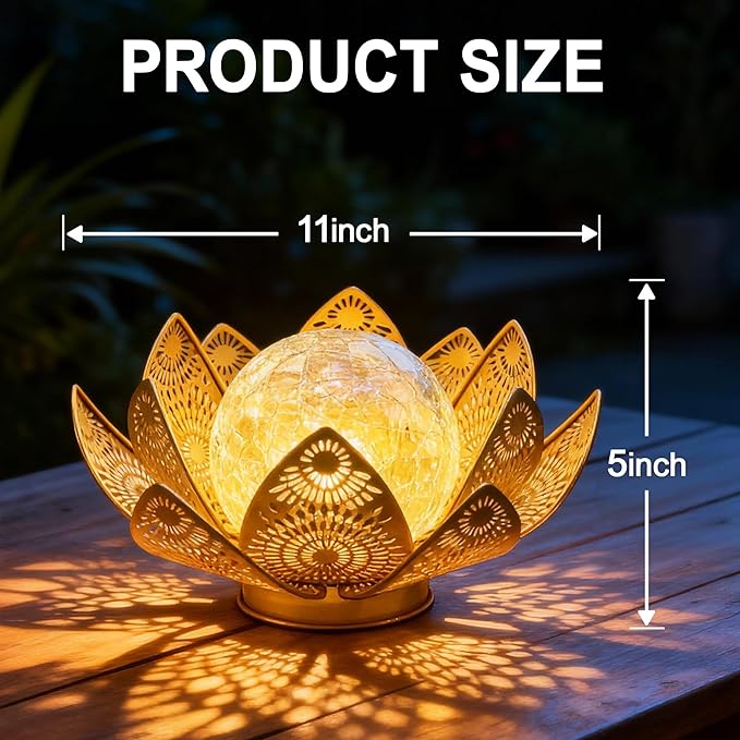 Solar Lights Outdoor Waterproof Lotus Flower Metal Yard Art Decoration Crackle Globe Glass Solar Lamp Garden Decor for Outside, Flowerbed Lawn Patio Porch Pathway Pond Decorations