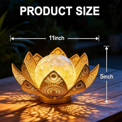 Solar Lights Outdoor Waterproof Lotus Flower Metal Yard Art Decoration Crackle Globe Glass Solar Lamp Garden Decor for Outside, Flowerbed Lawn Patio Porch Pathway Pond Decorations