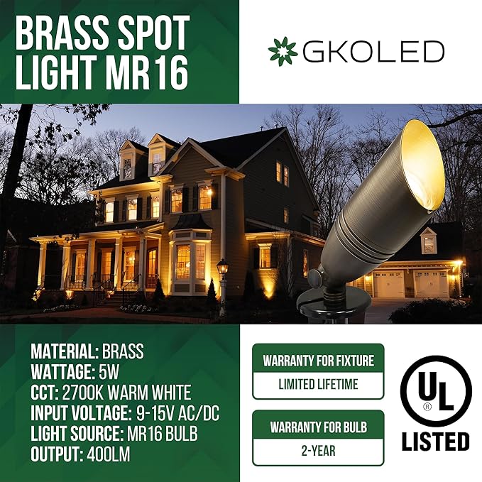 GKOLED UL Listed Solid Brass Landscape Spotlight, Low Voltage Outdoor Directional Uplight, with 5W MR16 LED Bulb & | Lumora
