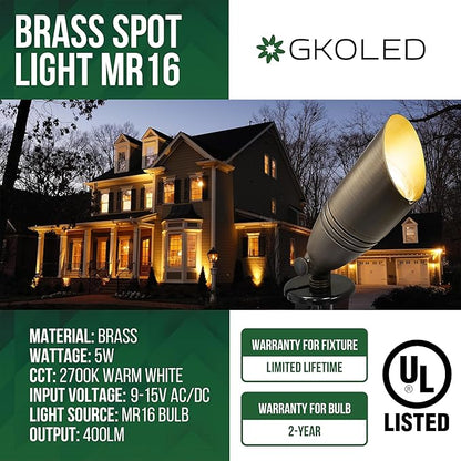GKOLED UL Listed Solid Brass Landscape Spotlight, Low Voltage Outdoor Directional Uplight, with 5W MR16 LED Bulb & Large Rugged Slot Spike, 12V AC/DC Garden Patio Spot Up Light (Pack of 3)