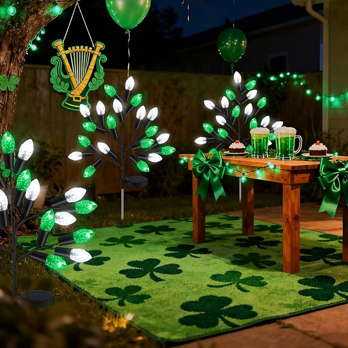 4 Pcs ST Patricks Day Solar Pathway Lights Outdoor Decorations 28" Irish Shamrock Stake Light Waterproof Yard 8 Modes 80 LEDs Green White Tree for Walkway Path Garden Patio Decor