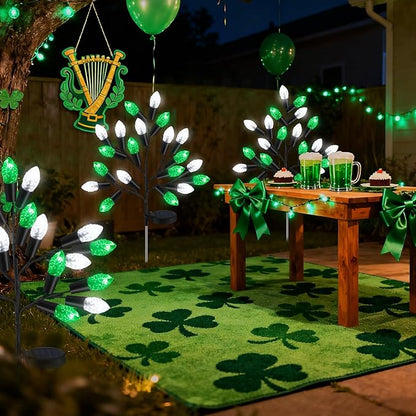4 Pcs ST Patricks Day Solar Pathway Lights Outdoor Decorations 28" Irish Shamrock Stake Light Waterproof Yard 8 Modes 80 LEDs Green White Tree for Walkway Path Garden Patio Decor