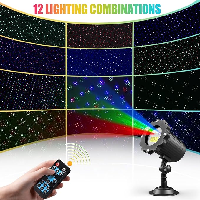 Laser Projector Firefly Lights Outdoor,12 Effect Moving RGB Lights Show Waterproof Laser Projection with RF Remote and Timer for Wedding Christmas Holiday Party Patio Garden Decor