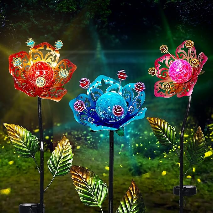 Adeco Flower Solar Lights Outdoor Garden Decor 37 inch Metal Garden Stake Lights with Crackle Globe Glass and Large Solar Panel Waterproof for Ground Patio Lawn Pathway Flowerbed