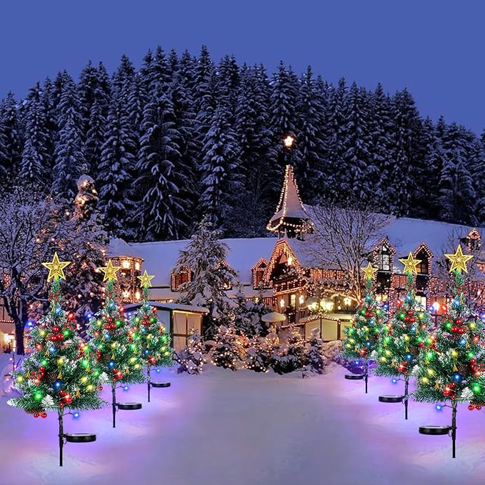 OurWarm 2Pcs Solar Christmas Tree Lights Outdoor Decorations, 20 LEDs Path Lights 8-Mode Flickering, Small Mini Solar Christmas Tree for Outside Yard Pathway Garden Grave Cemetery Xmas Decor