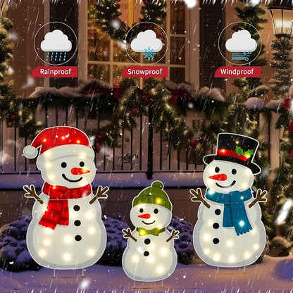 Large Illuminated Christmas Snowman Outdoor Decoration, 3-Piece pre-Installed Light 2D Snowman Family Set, Equipped with 30 Warm White Lights, Suitable for Balconies, lawns, and Gardens